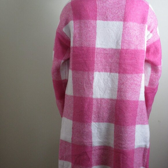 Women's Plaid Knit Coatigan Sweater Jacket Fuchsia Pink with Front Pockets NWT - Picture 7 of 8